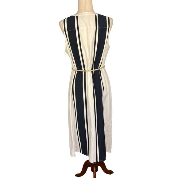 Ecru Black White Bold Stripe Button Front Sleeveless Dress Rope Belt Large NWT - Picture 6 of 8